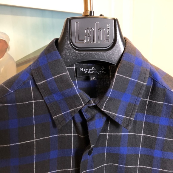 Agnes B Men's Blue & Charcoal Plaid Button Down Shirt - Size Medium - Picture 2 of 3